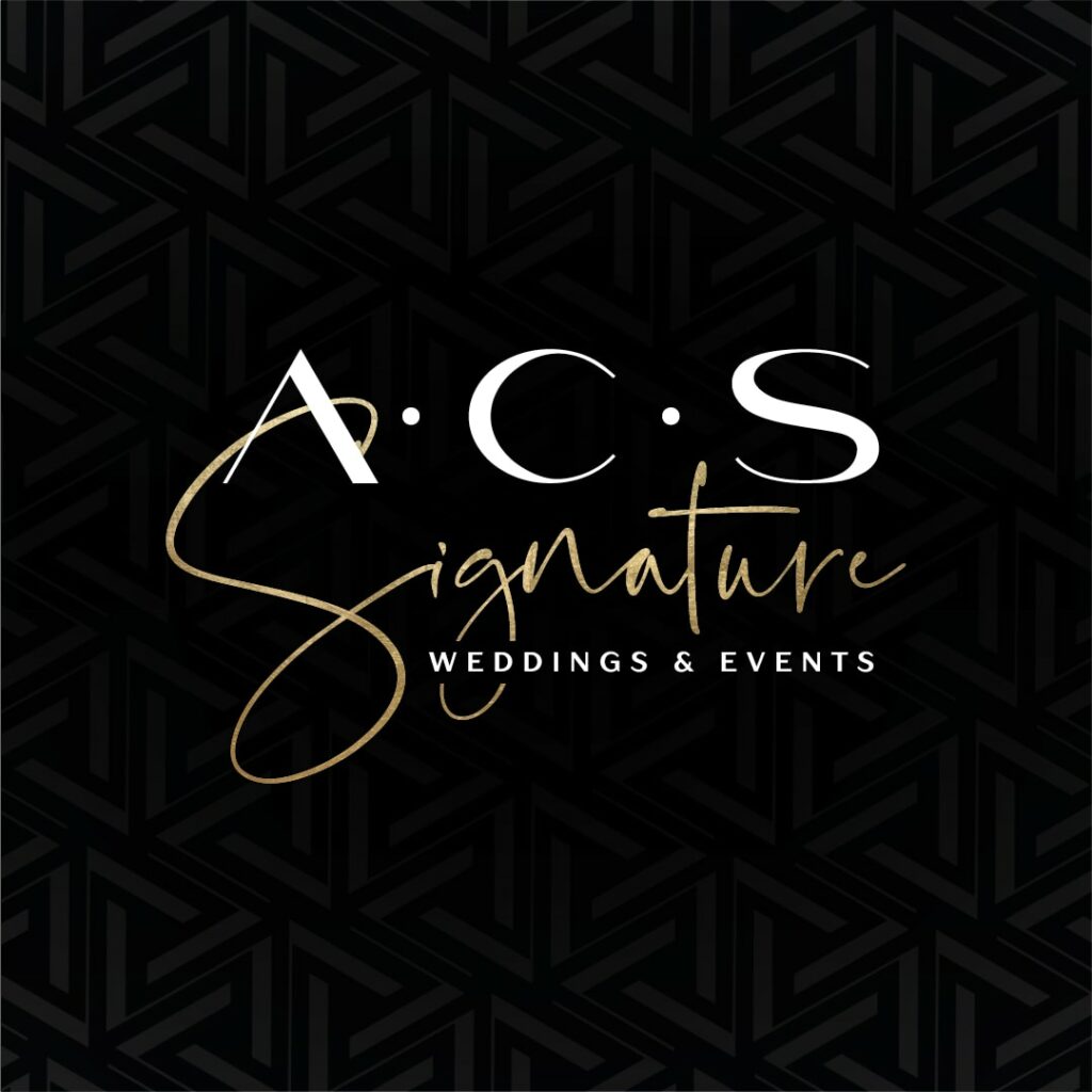 ACS Signature Wedding & Events Logo on a black background with a pattern